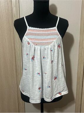 White Floral Embroidered Smocked Yoke Tank Top